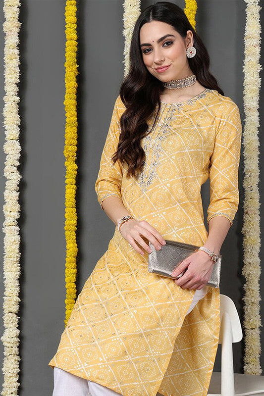 Yellow Cotton Blend Bandhani Printed Straight Kurta VCK9741