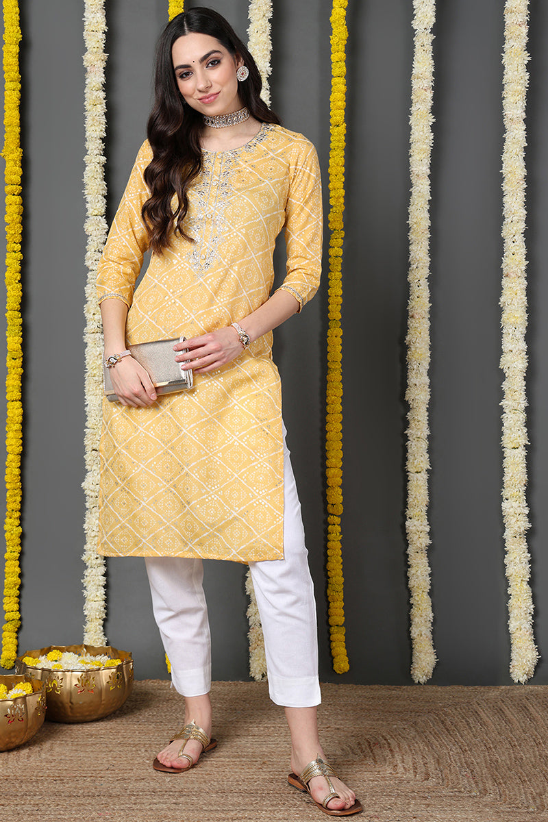 Yellow Cotton Blend Bandhani Printed Straight Kurta VCK9741