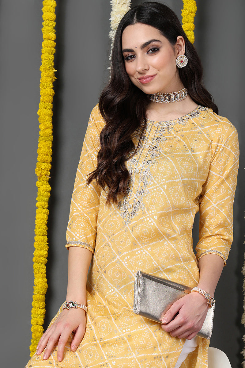 Yellow Cotton Blend Bandhani Printed Straight Kurta VCK9741