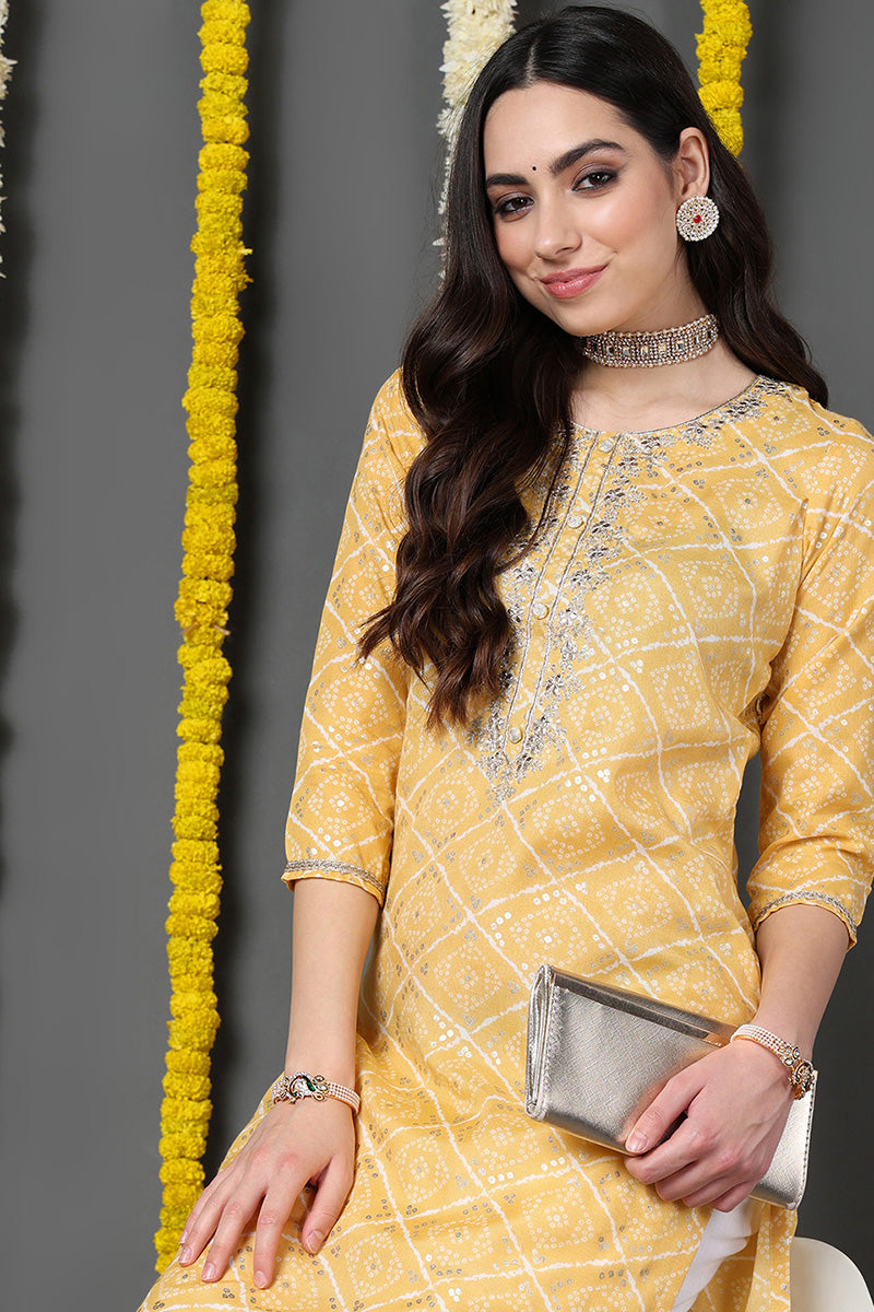 Yellow Cotton Blend Bandhani Printed Straight Kurta VCK9741