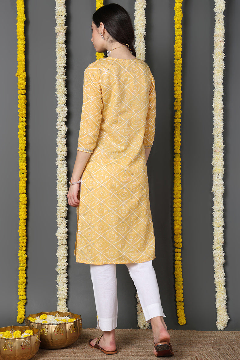 Yellow Cotton Blend Bandhani Printed Straight Kurta VCK9741