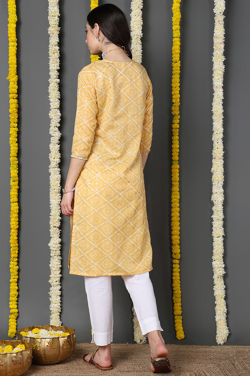 Yellow Cotton Blend Bandhani Printed Straight Kurta VCK9741