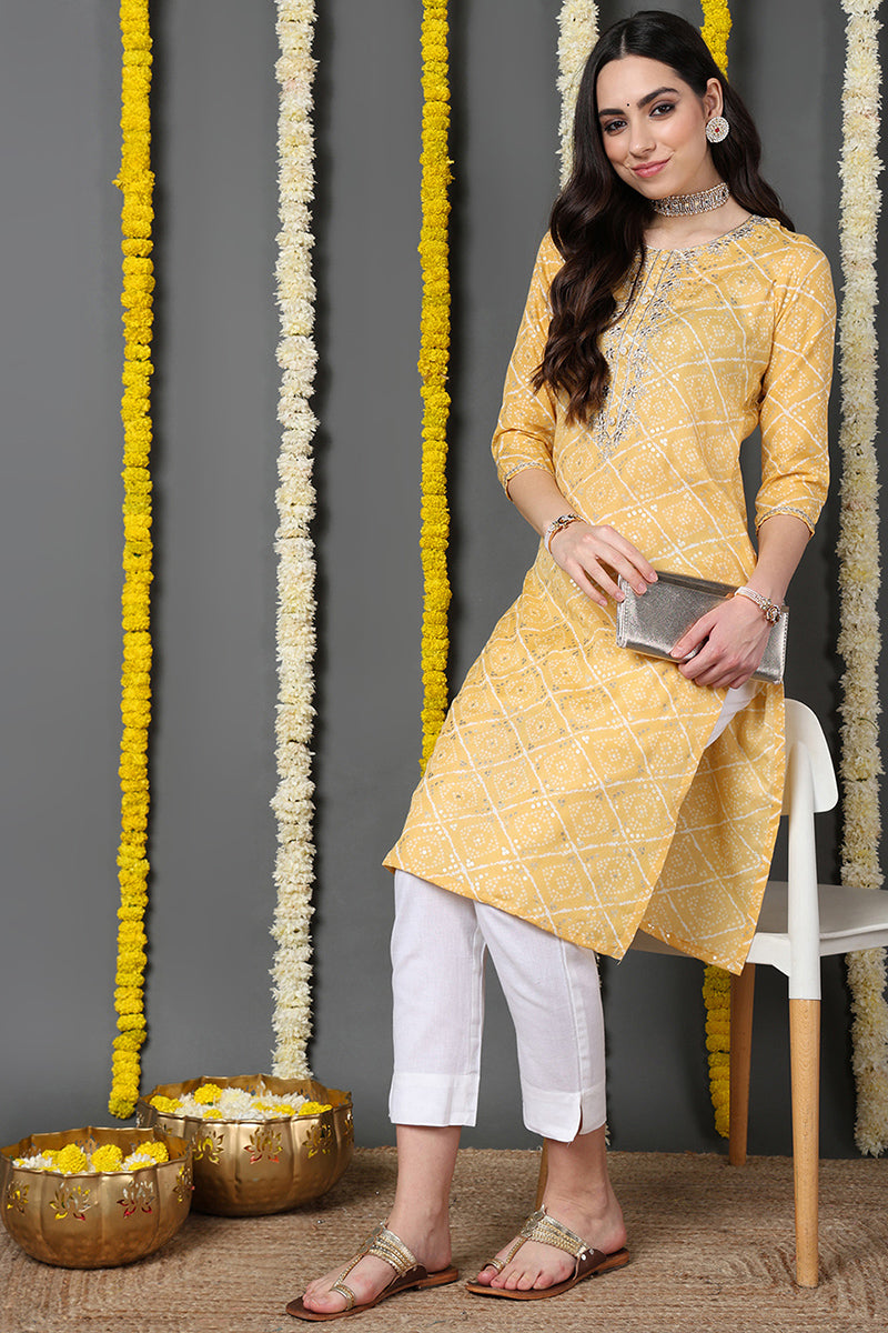 Yellow Cotton Blend Bandhani Printed Straight Kurta VCK9741