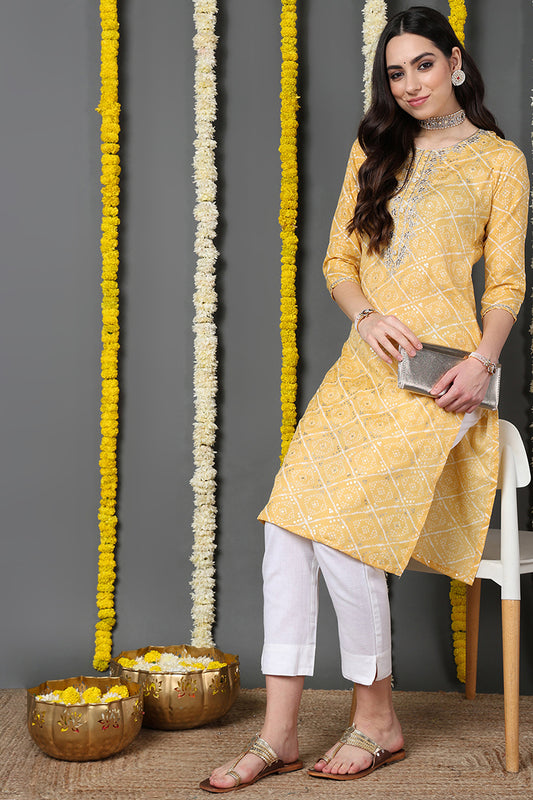 Yellow Cotton Blend Bandhani Printed Straight Kurta VCK9741