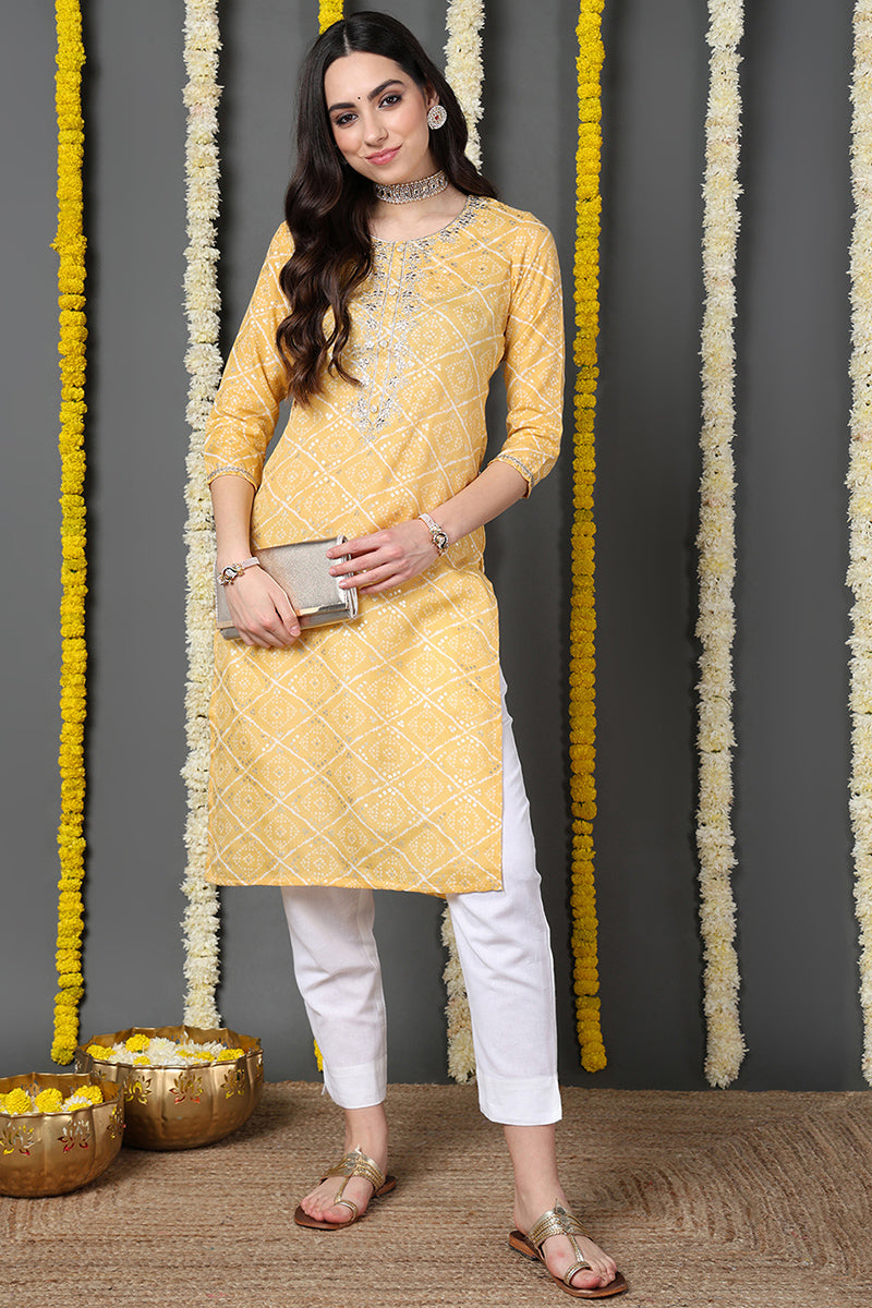 Yellow Cotton Blend Bandhani Printed Straight Kurta VCK9741