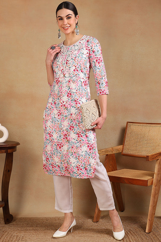 Multi Color Cotton Blend Embroidered Floral Printed Straight Kurta VCK9755