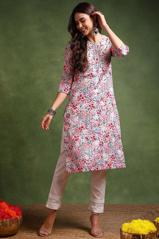 Multi Color Cotton Blend Embroidered Floral Printed Straight Kurta VCK9755