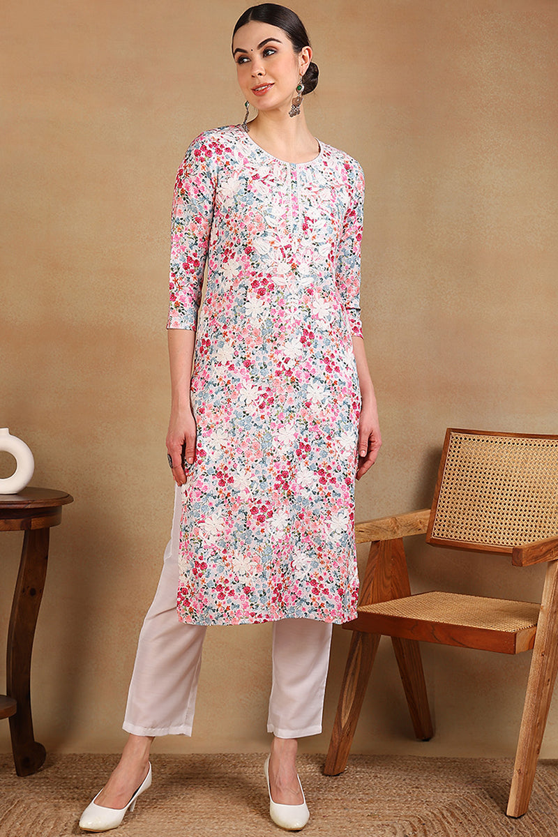 Multi Color Cotton Blend Embroidered Floral Printed Straight Kurta VCK9755