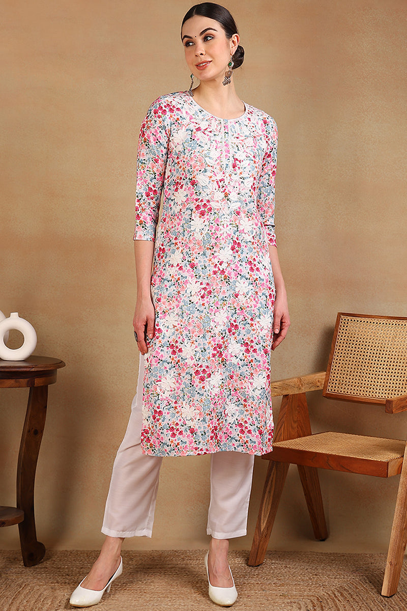 Multi Color Cotton Blend Embroidered Floral Printed Straight Kurta VCK9755