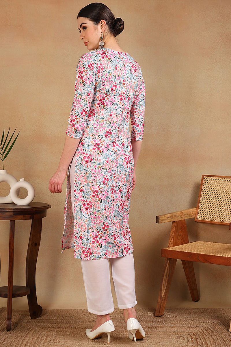 Multi Color Cotton Blend Embroidered Floral Printed Straight Kurta VCK9755