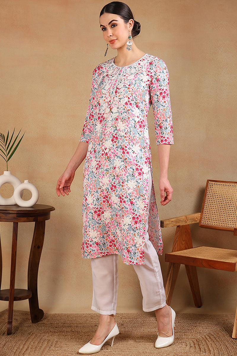 Multi Color Cotton Blend Embroidered Floral Printed Straight Kurta VCK9755