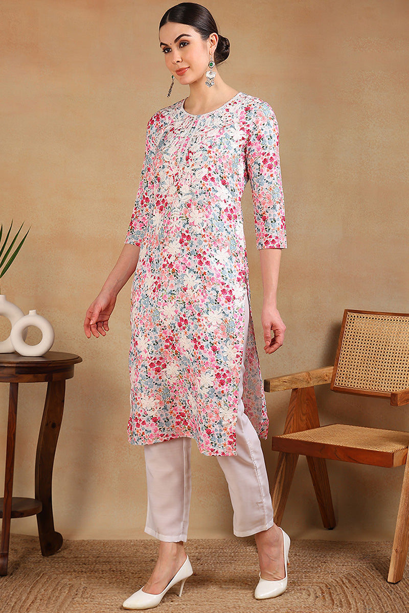 Multi Color Cotton Blend Embroidered Floral Printed Straight Kurta VCK9755