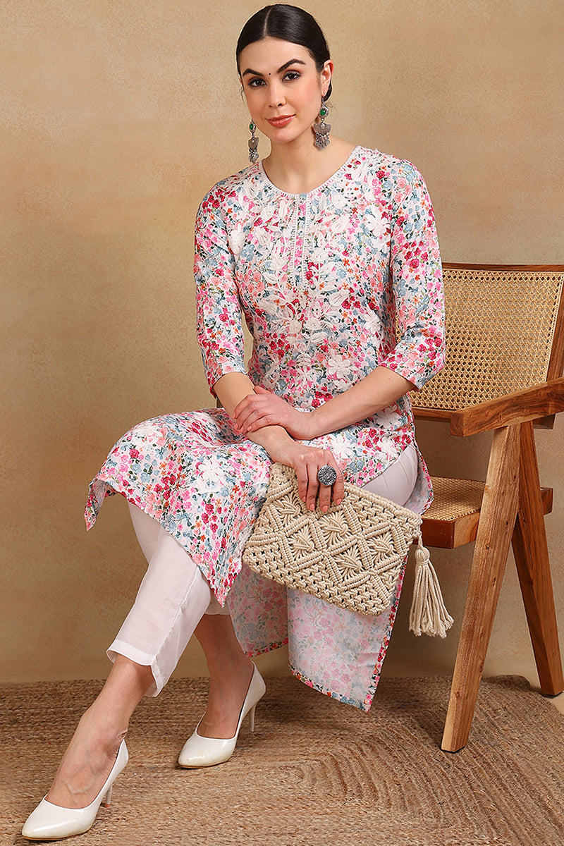 Multi Color Cotton Blend Embroidered Floral Printed Straight Kurta VCK9755