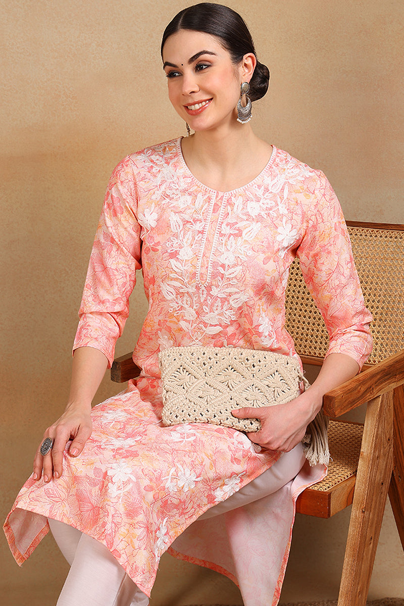 Peach Cotton Blend Embroidered Floral Printed Straight Kurta VCK9756