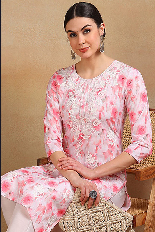 White Cotton Blend Embroidered Ethnic Printed Straight Kurta VCK9757