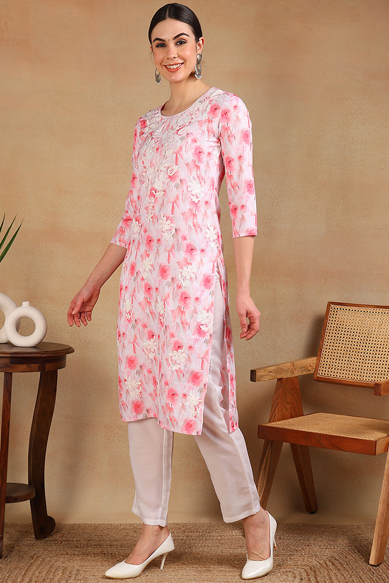 White Cotton Blend Embroidered Ethnic Printed Straight Kurta VCK9757