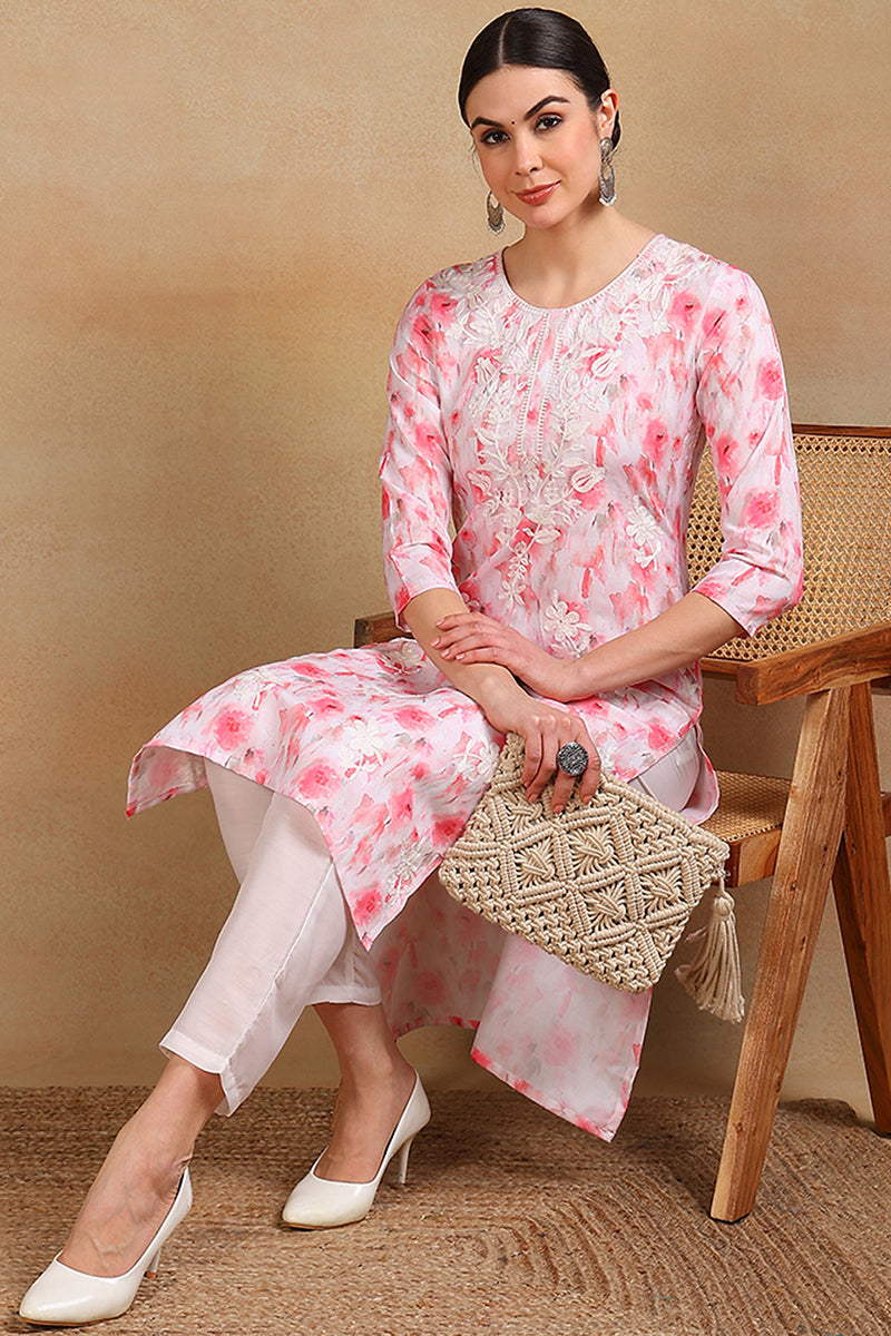 White Cotton Blend Embroidered Ethnic Printed Straight Kurta VCK9757