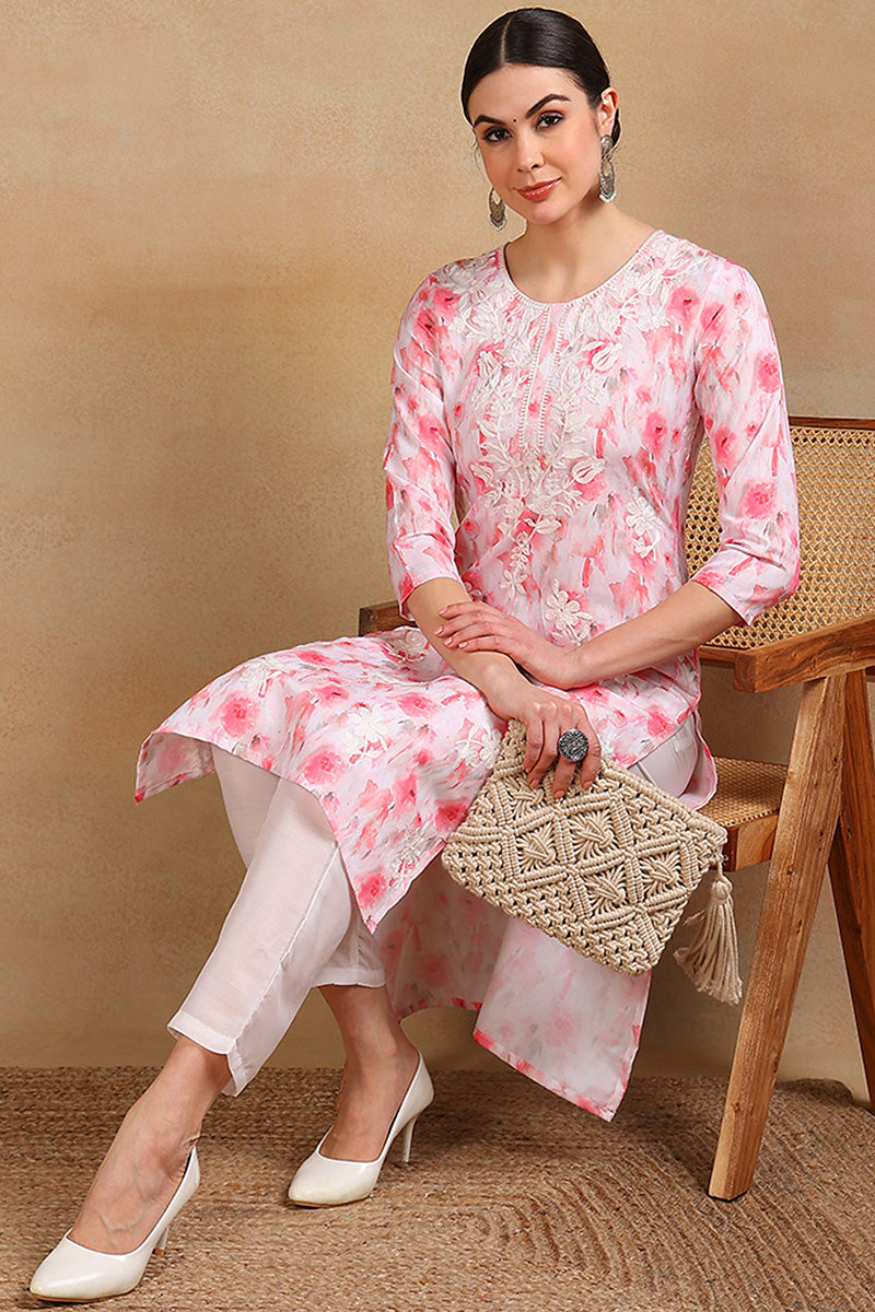 White Cotton Blend Embroidered Ethnic Printed Straight Kurta VCK9757