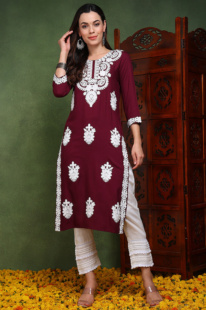 Burgundy Viscose Rayon Solid Embroidered Chikankari Straight Kurta VCK9763