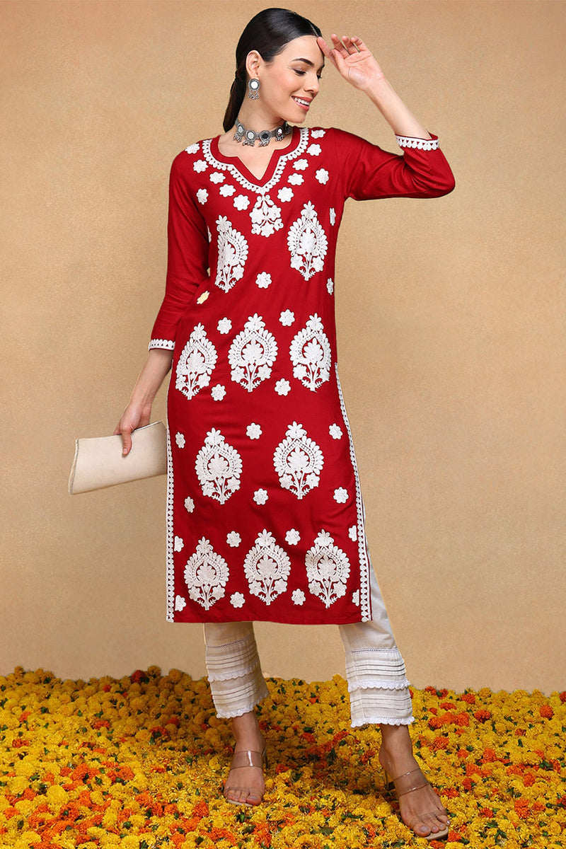 Maroon Viscose Rayon Solid Embroidered Straight Kurta VCK9765