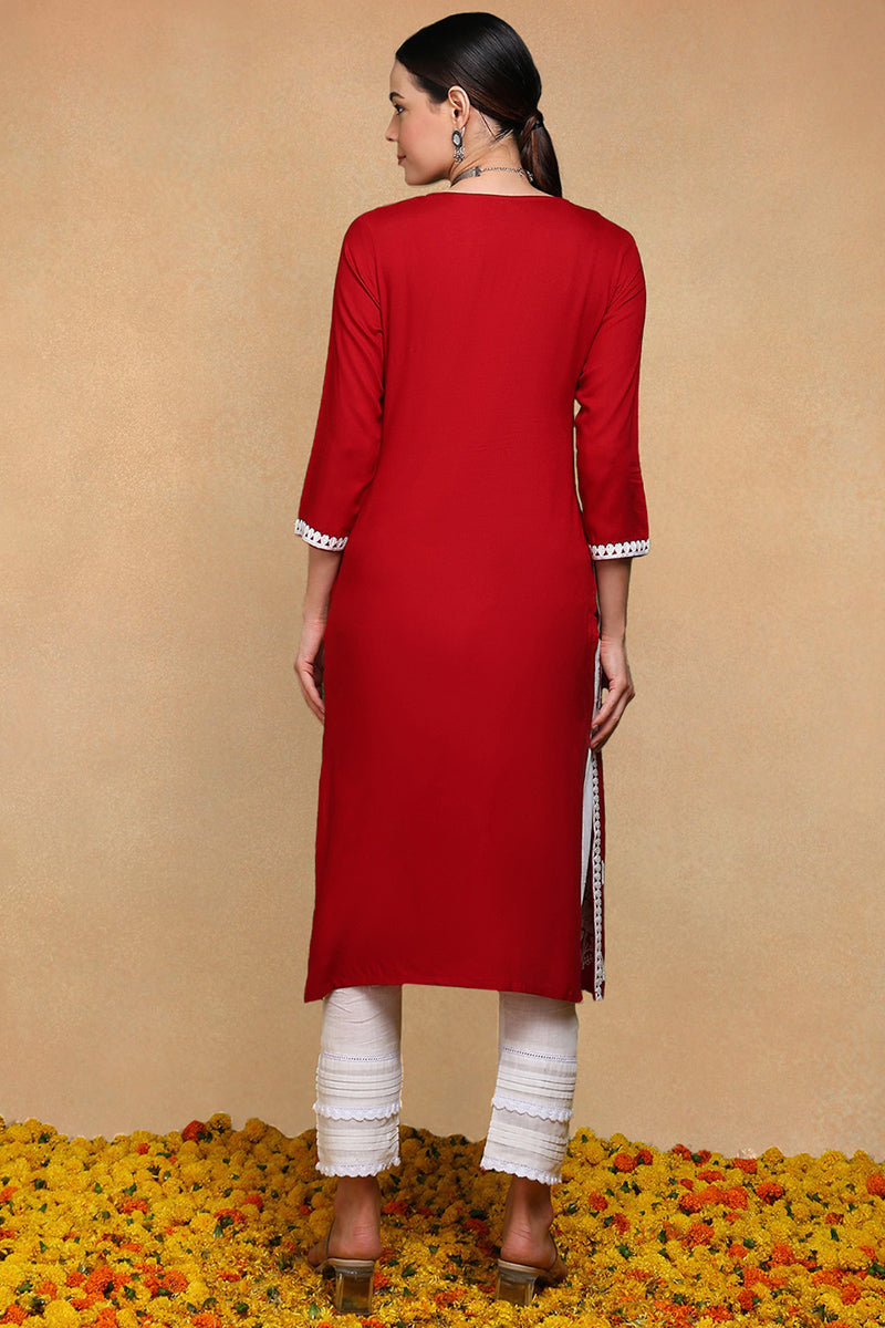 Maroon Viscose Rayon Solid Embroidered Straight Kurta VCK9765