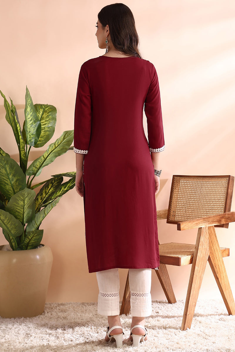 Maroon Viscose Rayon Solid Embroidered Straight Kurta VCK9765