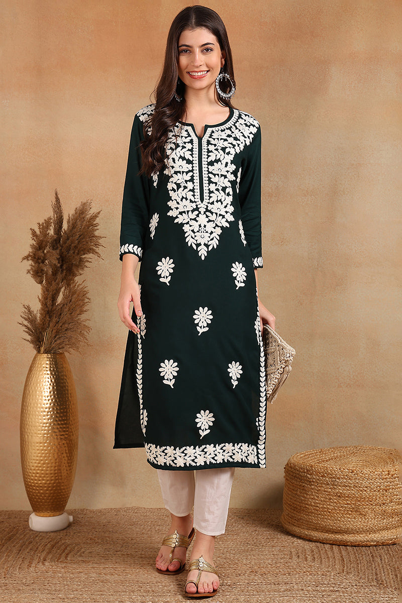 Green Rayon Blend Solid Embroidered Chikankari Straight Kurta VCK9770GRN