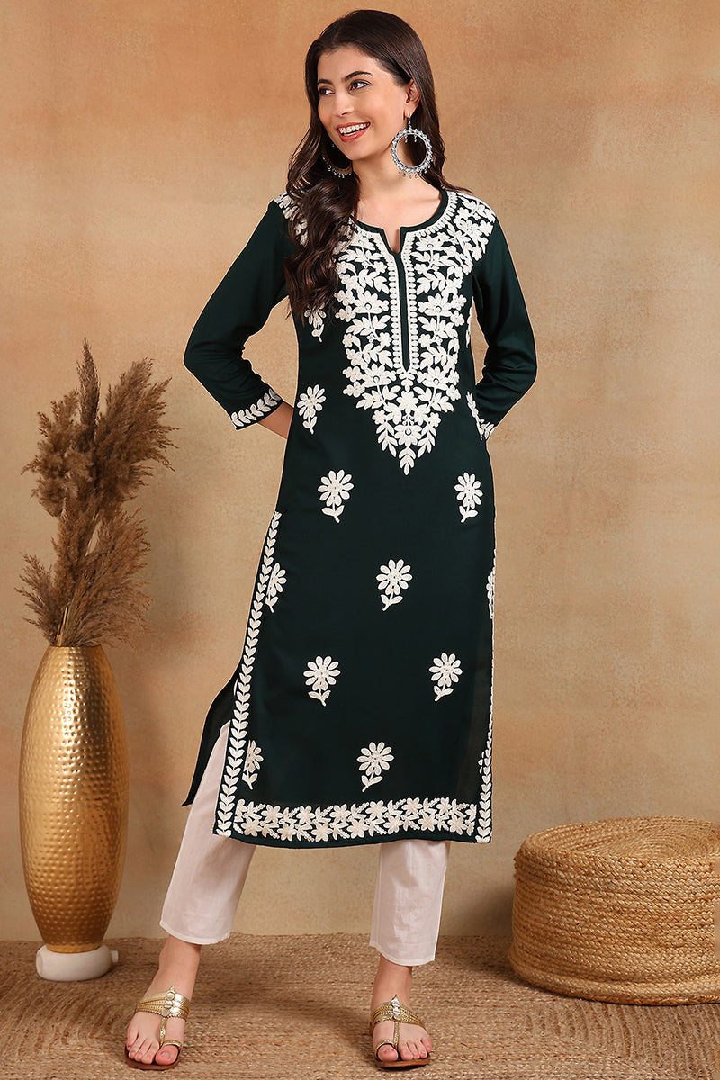 Green Rayon Blend Solid Embroidered Chikankari Straight Kurta VCK9770GRN