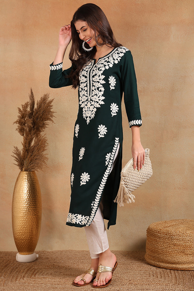 Green Rayon Blend Solid Embroidered Chikankari Straight Kurta VCK9770GRN