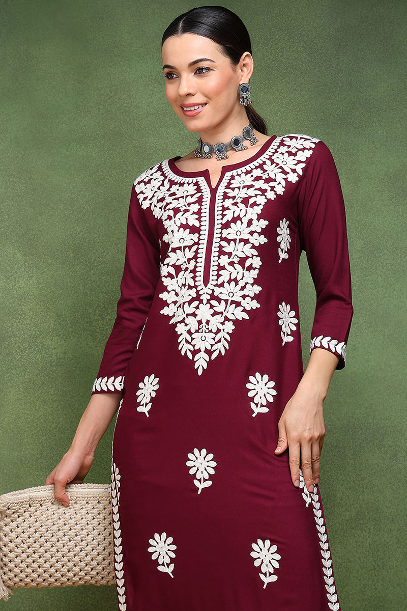 Burgundy Rayon Blend Solid Embroidered Straight Kurta VCK9770WIN