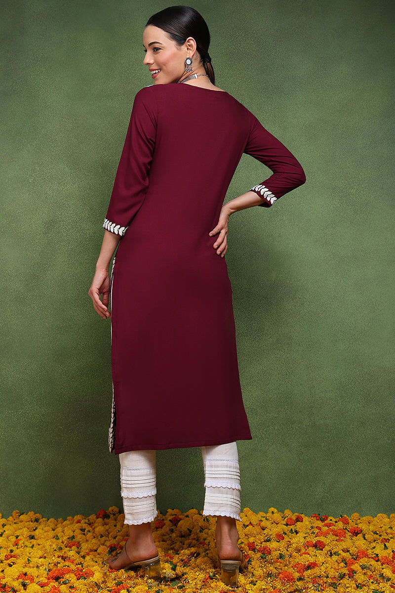 Burgundy Rayon Blend Solid Embroidered Straight Kurta VCK9770WIN