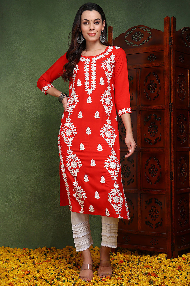 Red Rayon Blend Solid Embroidered Chikankari Straight Kurta VCK9772RED