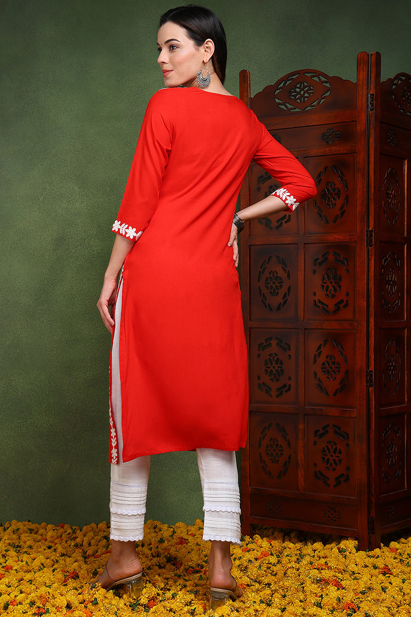 Red Rayon Blend Solid Embroidered Chikankari Straight Kurta VCK9772RED