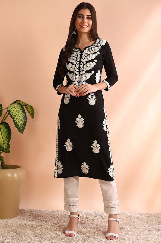 Black Viscose Rayon Solid Embroidered Straight Kurta VCK9773BLK