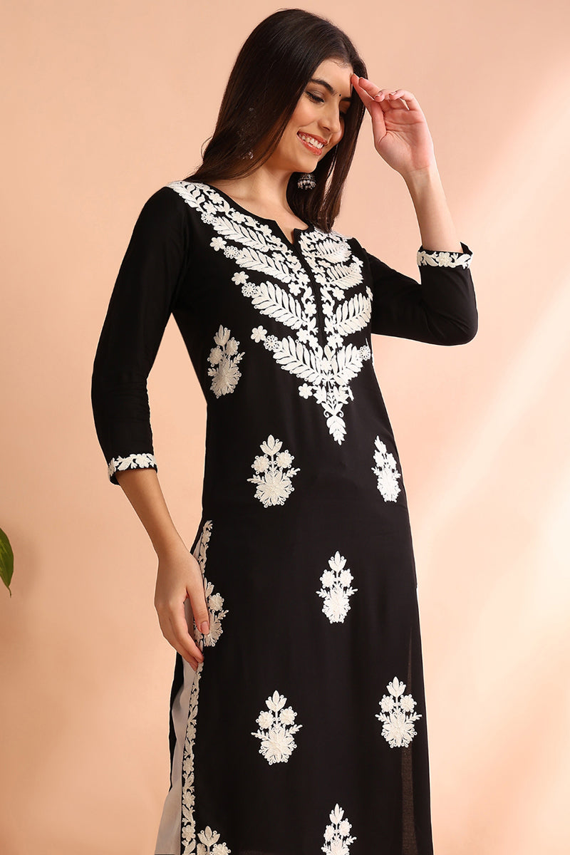 Black Viscose Rayon Solid Embroidered Straight Kurta VCK9773BLK