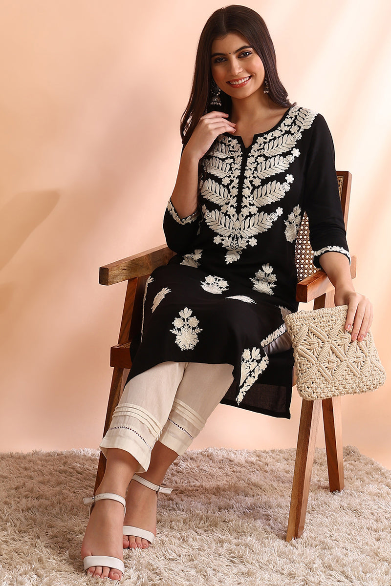 Black Viscose Rayon Solid Embroidered Straight Kurta VCK9773BLK