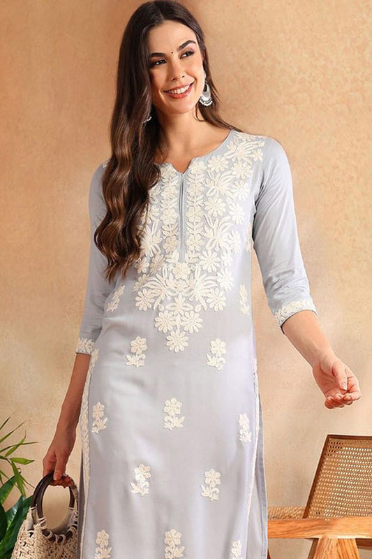 Blue Rayon Solid Threadwork Embroidered Straight Cut Kurta VCK9776BLU