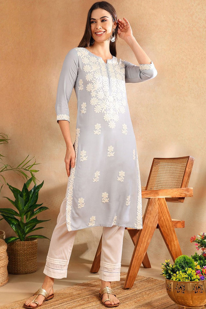 Blue Rayon Solid Threadwork Embroidered Straight Cut Kurta VCK9776BLU