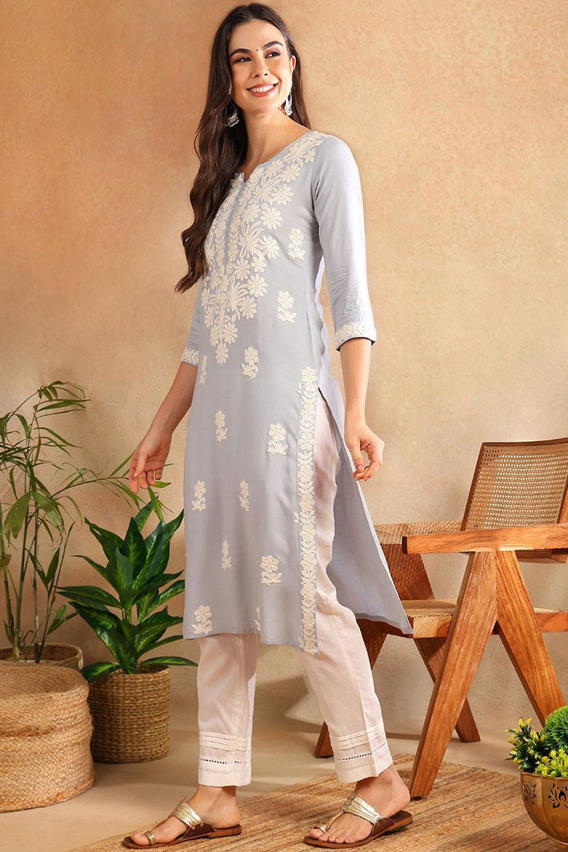 Blue Rayon Solid Threadwork Embroidered Straight Cut Kurta VCK9776BLU