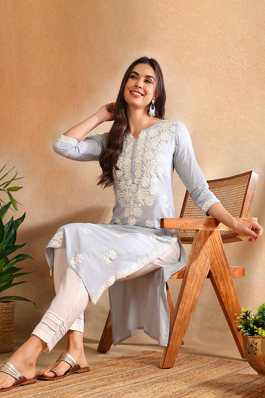 Blue Rayon Solid Threadwork Embroidered Straight Cut Kurta VCK9776BLU