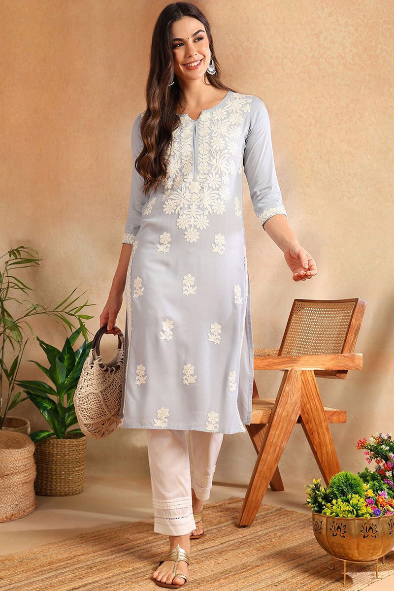 Blue Rayon Solid Threadwork Embroidered Straight Cut Kurta VCK9776BLU