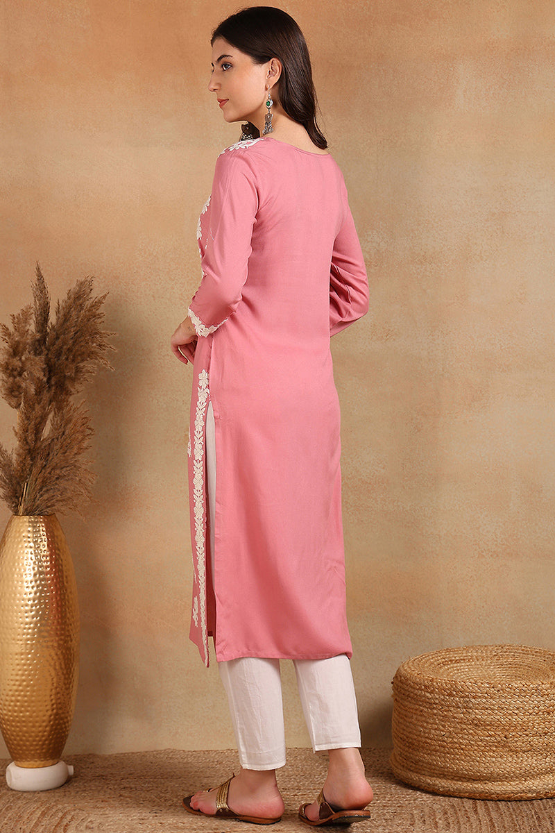 Pink Viscose Rayon Solid Embroidered Chikankari Straight Kurta VCK9776PNK