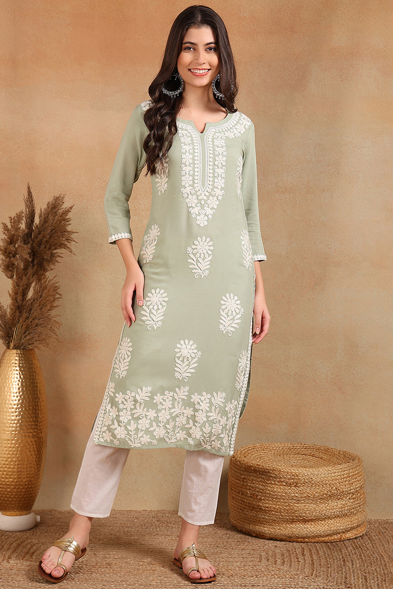 Green Viscose Rayon Solid Embroidered Chikankari Straight Kurta VCK9779GRN