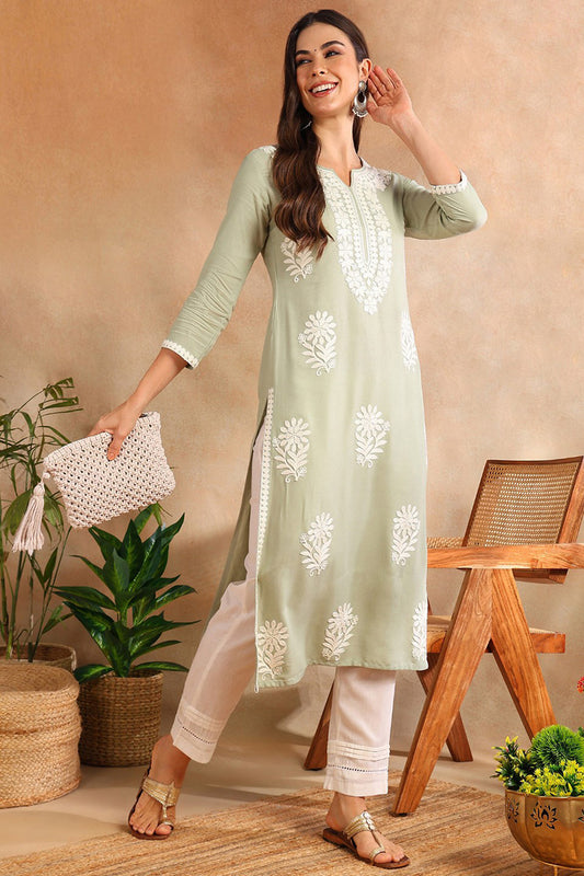 Green Viscose Rayon Solid Embroidered Chikankari Straight Kurta VCK9779GRN