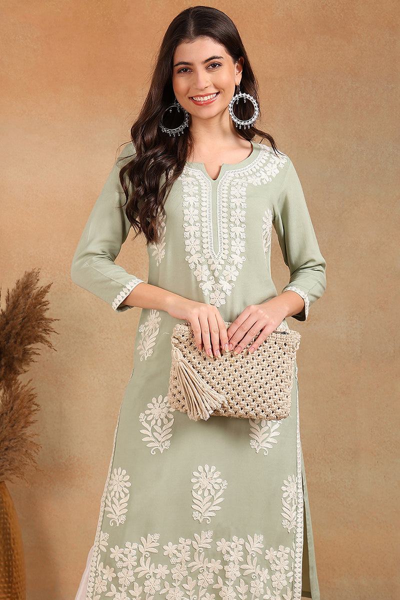 Green Viscose Rayon Solid Embroidered Chikankari Straight Kurta VCK9779GRN