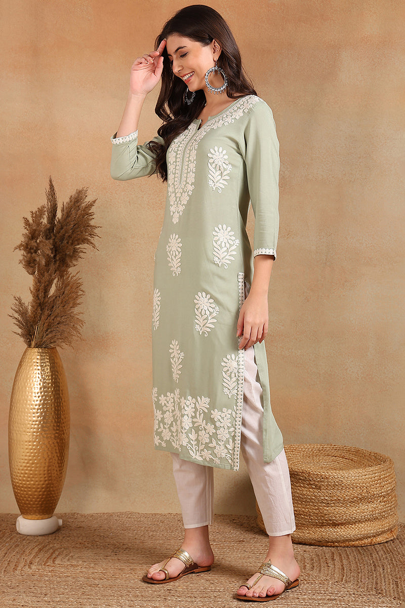 Green Viscose Rayon Solid Embroidered Chikankari Straight Kurta VCK9779GRN