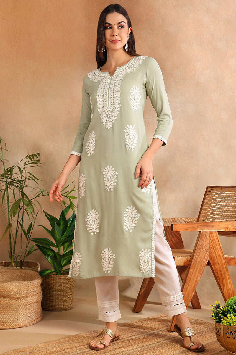 Green Viscose Rayon Solid Embroidered Chikankari Straight Kurta VCK9779GRN