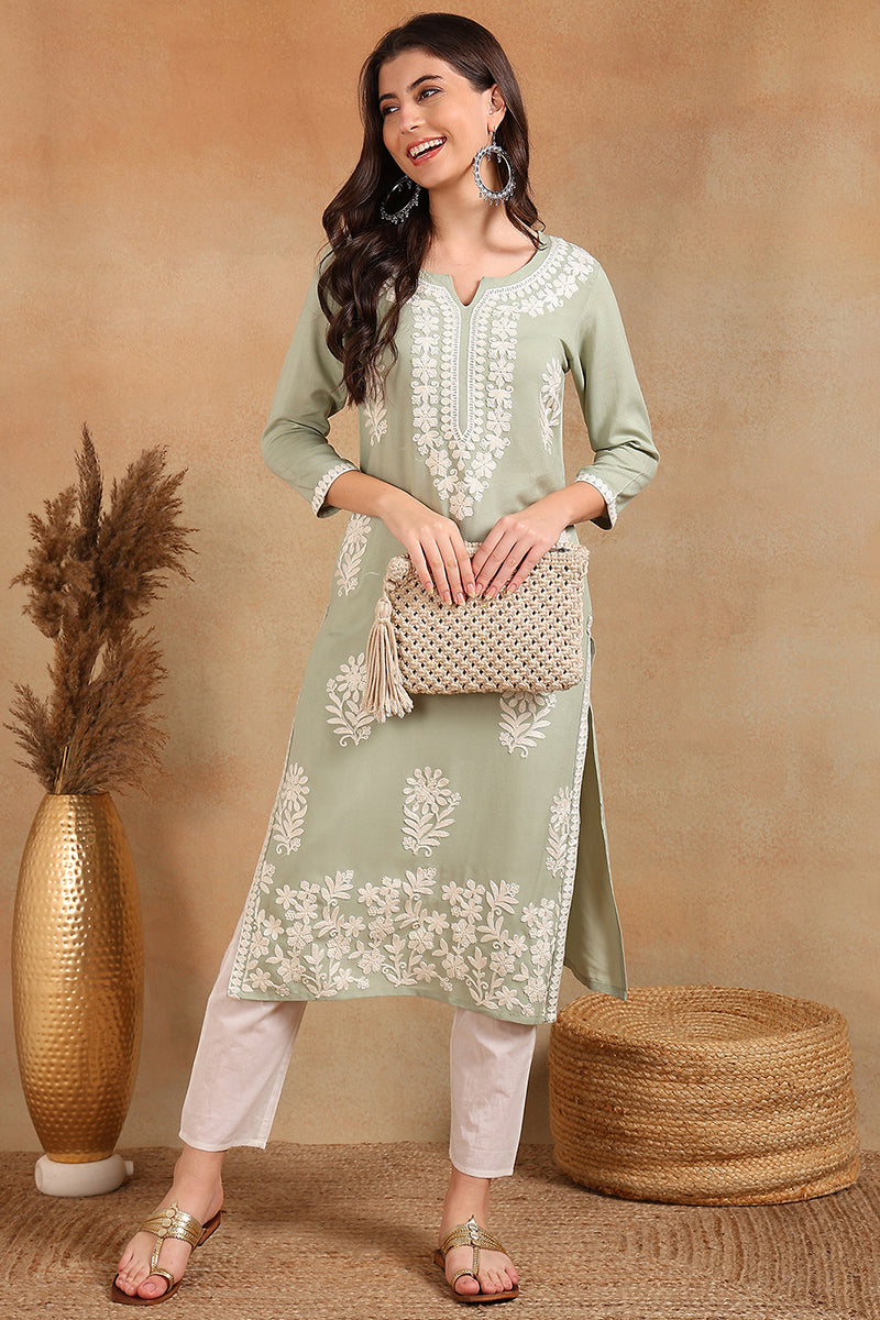 Green Viscose Rayon Solid Embroidered Chikankari Straight Kurta VCK9779GRN