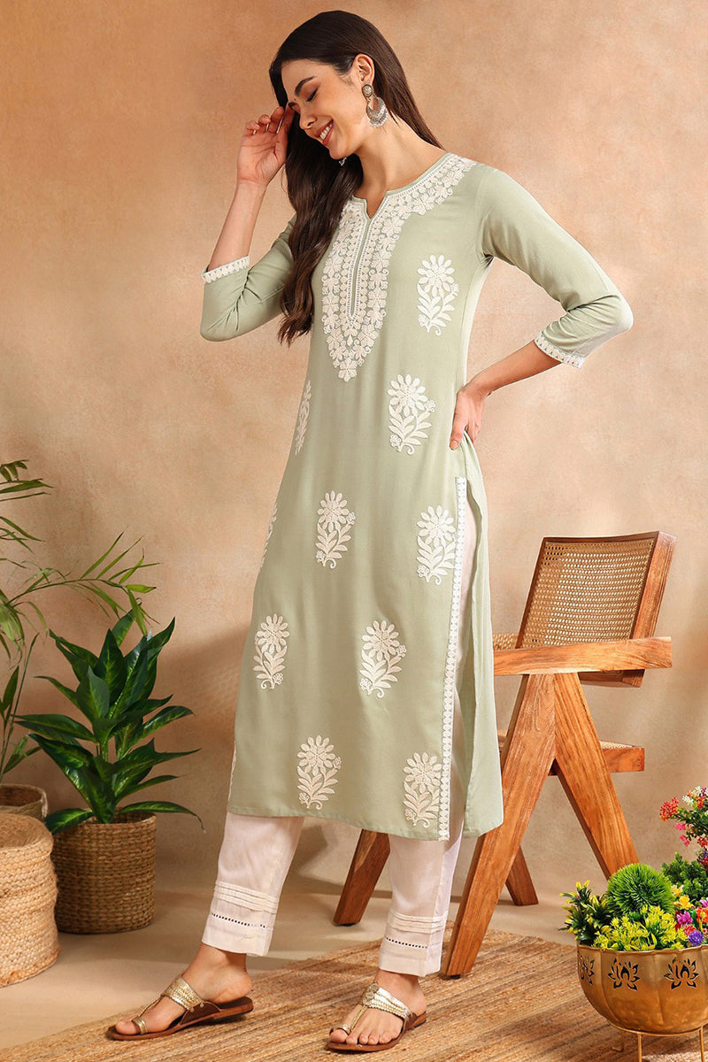 Green Viscose Rayon Solid Embroidered Chikankari Straight Kurta VCK9779GRN