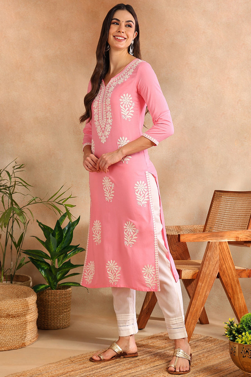 Pink Viscose Rayon Solid Threadwork Embroidered Straight Cut Kurta VCK9779PNK